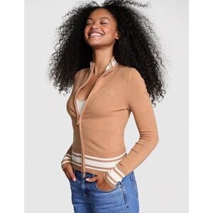 L Victoria Secret PINK  Varsity Knit Full Zip Sweater Long Sleeve Women’s Top fa